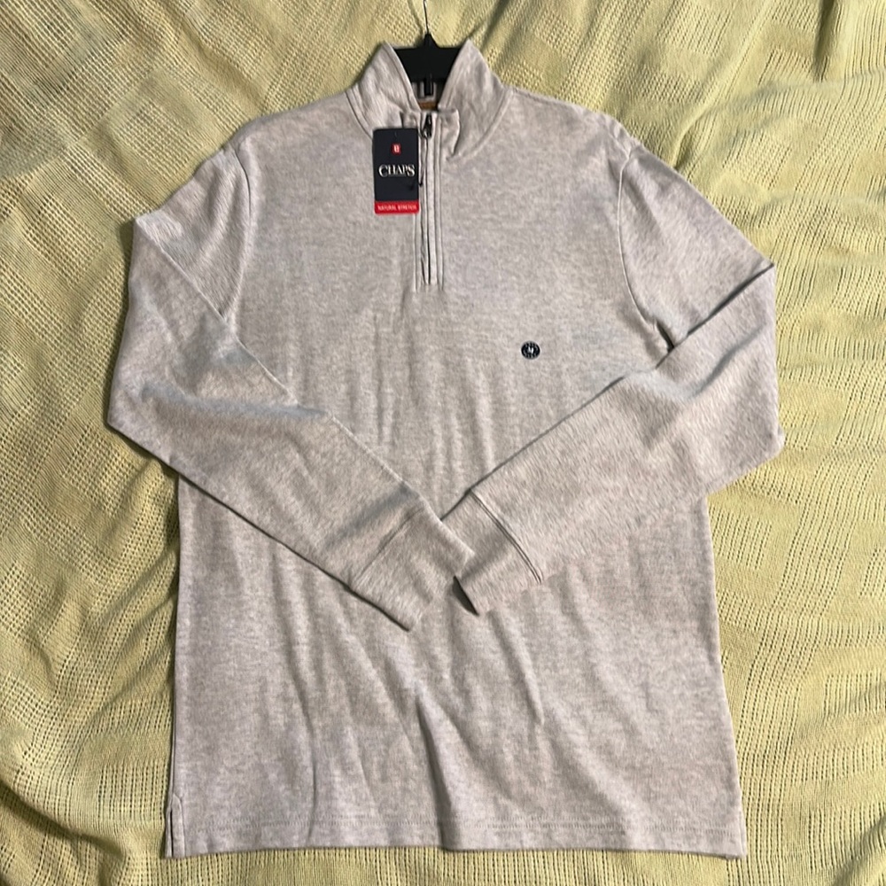 Chaps 1/4 zip pullover. Grey Heather with Tan Trim Med